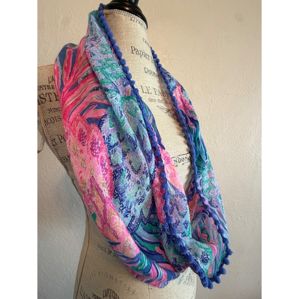 Lilly Pulitzer Tropical Pineapple Palm Print Infinity Scarf with Pom Pom Trim - Picture 3 of 6